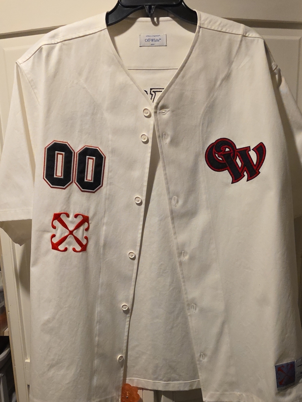 Off-White White Baseball Jersey with Red & Black Patches